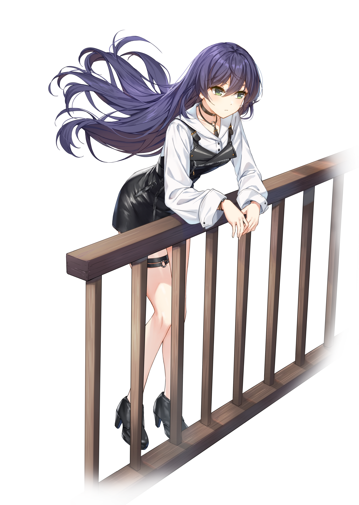 eunha (closers), closers, highres, official art, 1girl, bare legs, black choker, black overalls, black shoes, blue hair, buttons, choker, collared shirt, expressionless, floating hair, full body, green eyes, high heels, leaning forward, long hair, long sleeves, looking to the side, miniskirt, overall skirt, overalls, shirt, shoes, simple background, skirt, solo, thigh strap, white background, white shirt