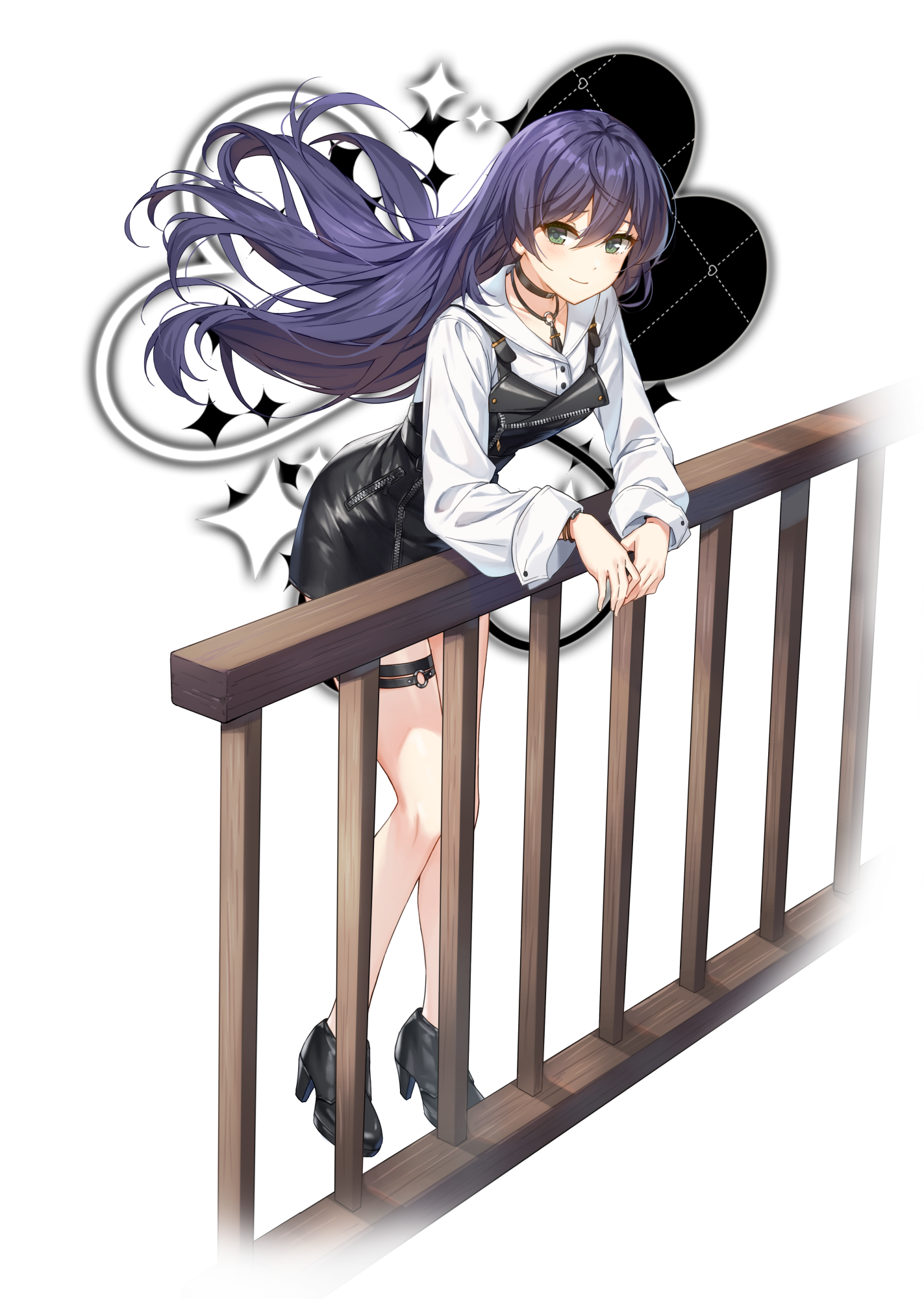 eunha (closers), closers, highres, official art, 1girl, bare legs, black choker, black overalls, black shoes, blue hair, buttons, choker, closed mouth, collared shirt, floating hair, full body, green eyes, high heels, leaning forward, long hair, long sleeves, miniskirt, overall skirt, overalls, shirt, shoes, simple background, skirt, smile, solo, thigh strap, white background, white shirt