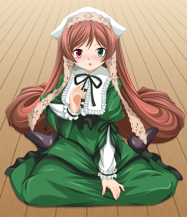 maroppe, suiseiseki, rozen maiden, 00s, 1girl, blush, brown hair, dress, drill hair, female focus, frills, green eyes, hat, headscarf, heterochromia, long hair, long sleeves, looking at viewer, open mouth, red eyes, ribbon, shoes, sitting, solo, twin drills, twintails, very long hair, white headscarf
