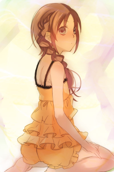 umishima senbon, original, bad id, bad pixiv id, 1girl, barefoot, bloomers, blush, braid, brown hair, camisole, female focus, kneeling, orange bloomers, solo, underwear