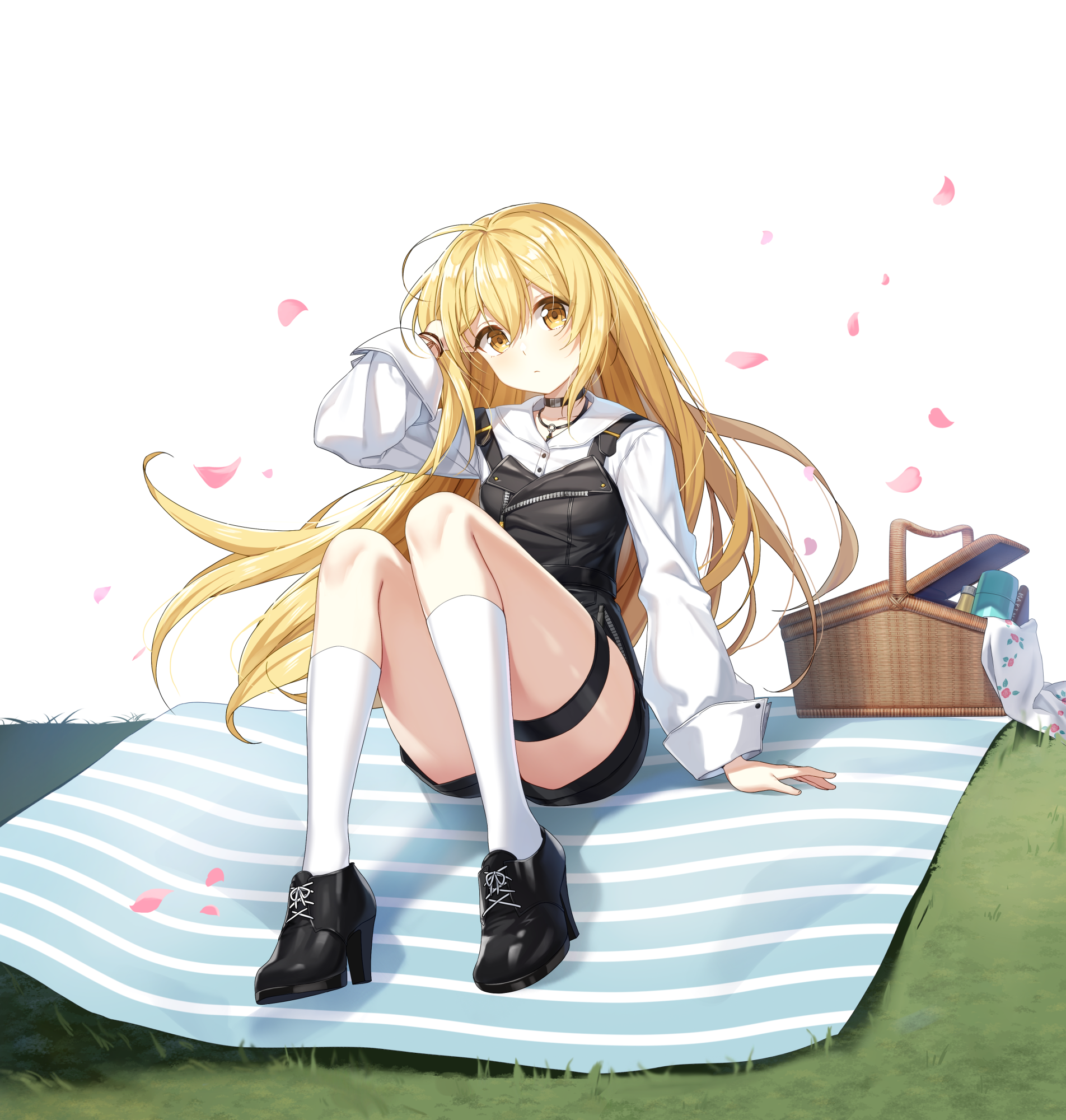 lucy (closers), closers, highres, official art, 1girl, arm up, black choker, black overalls, black shoes, black shorts, blonde hair, choker, closed mouth, convenient leg, full body, high heels, kneehighs, long hair, long sleeves, looking at viewer, overall shorts, overalls, picnic basket, shirt, shoes, short shorts, shorts, simple background, sitting, socks, solo, thigh strap, thighs, very long hair, white background, white shirt, white socks, yellow eyes