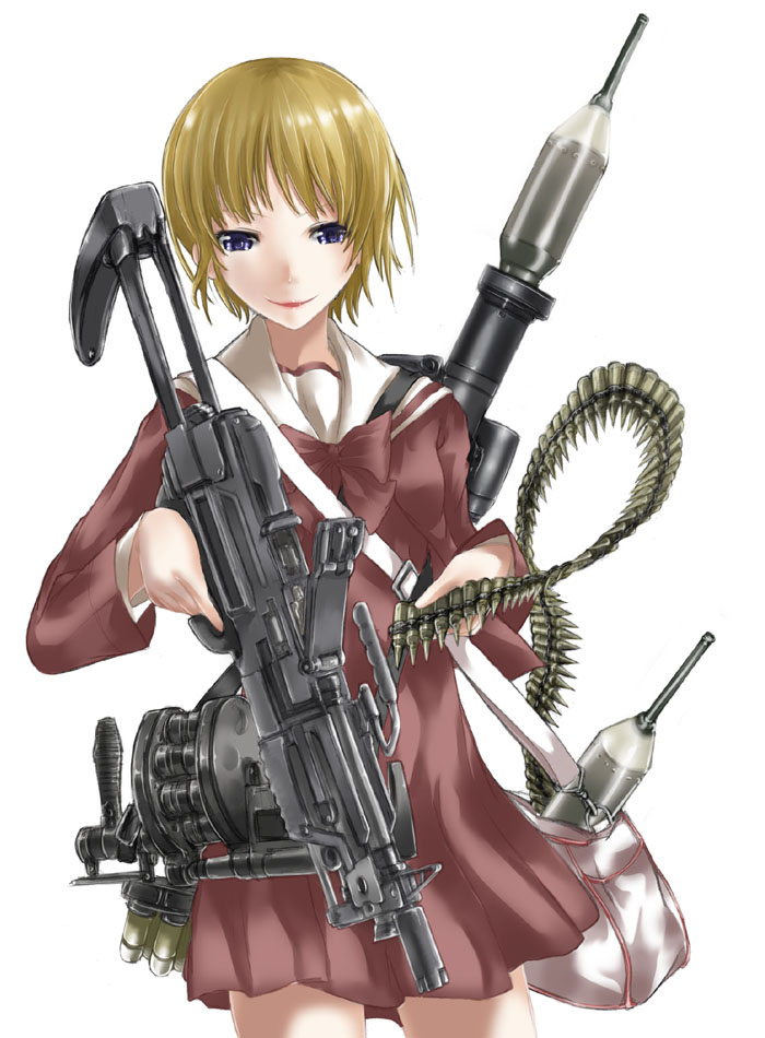 abubu, original, 1girl, 5.56x45mm nato, ammunition belt, blonde hair, blue eyes, carbine cartridge, dmr cartridge, female focus, grenade cartridge, grenade launcher, gun, high-explosive anti-tank (warhead), intermediate cartridge, light machine gun, lmg cartridge, m249 saw, m27 link, machine gun, man-portable anti-tank systems, military cartridge, milkor mgl, panzerfaust 3, recoilless gun, revolver grenade launcher, rifle cartridge, rocket-propelled grenade, rocket (projectile), rocket launcher, school uniform, serafuku, simple background, solo, squad automatic weapon, weapon