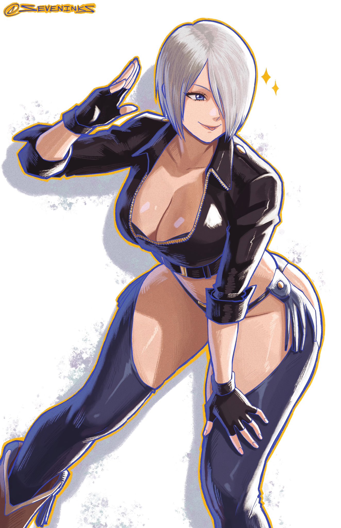 seveninks, angel (kof), snk, the king of fighters, the king of fighters xiv, highres, 1girl, backless pants, blue eyes, bra, breasts, chaps, cleavage, crop top, cropped jacket, fingerless gloves, gloves, hair over one eye, jacket, large breasts, leather, leather jacket, midriff, navel, panties, pants, short hair, smile, solo, strapless, strapless bra, toned, toned female, underwear, white hair