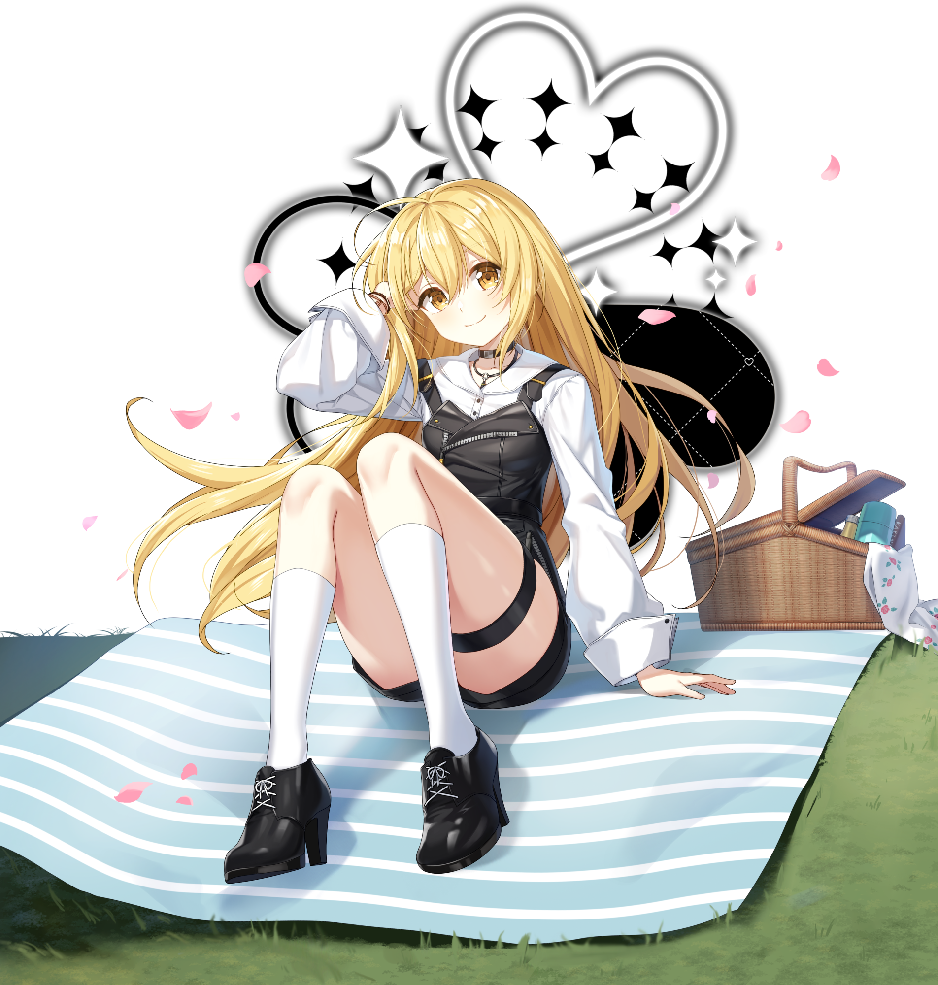 lucy (closers), closers, highres, official art, 1girl, arm up, black choker, black overalls, black shoes, black shorts, blonde hair, choker, closed mouth, convenient leg, full body, high heels, kneehighs, long hair, long sleeves, looking at viewer, overall shorts, overalls, picnic basket, shirt, shoes, short shorts, shorts, simple background, sitting, smile, socks, solo, thigh strap, thighs, very long hair, white background, white shirt, white socks, yellow eyes