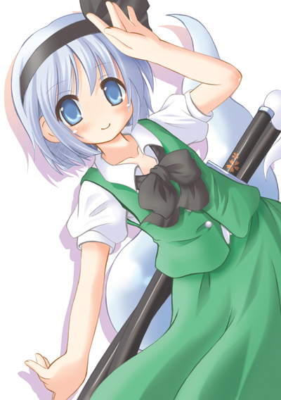 kawai kei (artist), konpaku youmu, konpaku youmu (ghost), touhou, silver hair, 1girl, black bow, black bowtie, black ribbon, blue eyes, bow, bowtie, dress, female focus, floating, ghost, green dress, hair ribbon, hairband, hitodama, looking at viewer, puffy short sleeves, puffy sleeves, ribbon, sheath, sheathed, short sleeves, simple background, solo, tassel, waving, white background
