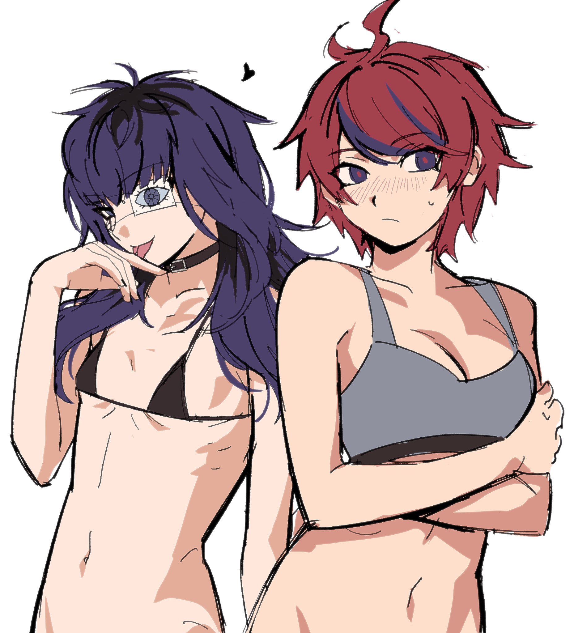 babykatafan, omokage yugamu, sumino takumi, the hundred line -last defense academy-, commentary, english commentary, highres, 2girls, ahoge, black bra, black choker, black hair, black streaks, blue eyes, blue hair, blush, bra, breasts, choker, cleavage, crossed arms, eye print, eyepatch, face piercing, genderswap, genderswap (mtf), grey bra, grey eyes, hand up, heart, licking own finger, medium breasts, multicolored hair, multiple girls, navel, no pants, no shirt, nose blush, piercing, print eyepatch, red hair, short hair, simple background, small breasts, small sweatdrop, streaked hair, tongue piercing, triangle bra, underwear, upper body, white background