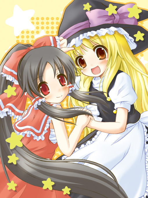 kawai kei (artist), hakurei reimu, kirisame marisa, touhou, 2girls, apron, bandages, bare arms, bare shoulders, black dress, blonde hair, bow, brown eyes, dress, female focus, from side, hair bow, hair tubes, hat, looking at viewer, looking to the side, multiple girls, red bow, red dress, red eyes, sailor collar, sarashi, sidelocks, waist apron, witch hat