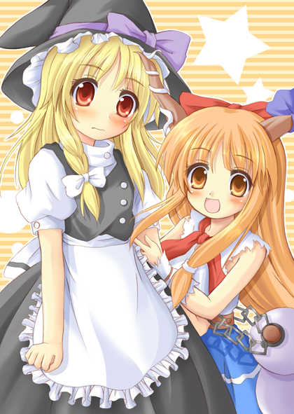 kawai kei (artist), ibuki suika, kirisame marisa, touhou, 2girls, apron, arm garter, blonde hair, blush, bow, braid, chain, eyebrow piercing, face piercing, female focus, frills, frown, gourd, hair bow, hat, horn ornament, horn ribbon, horns, long hair, multiple girls, open mouth, orange eyes, orange hair, piercing, red eyes, ribbon, simple background, single braid, tareme, very long hair, witch, witch hat