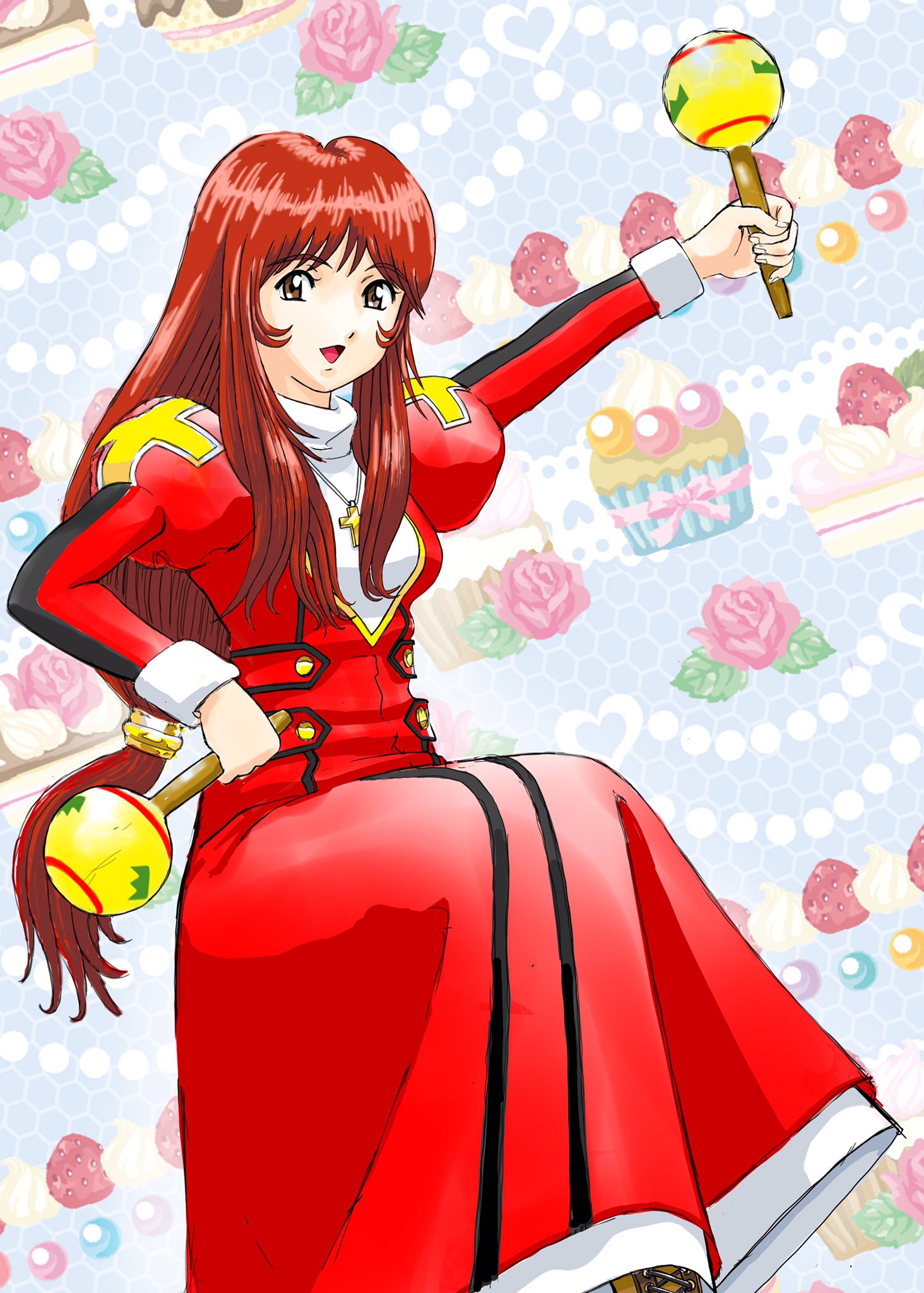 erica fontaine, sakura taisen, sakura taisen iii, highres, arm up, brown eyes, brown hair, collar, cross, dessert, dress, food, holding, holding instrument, holding maracas, instrument, juliet sleeves, latin cross, long hair, long sleeves, looking at viewer, low-tied long hair, maracas, open mouth, puffy sleeves, red dress, reverse grip, sakura50rou, sidelocks, white collar