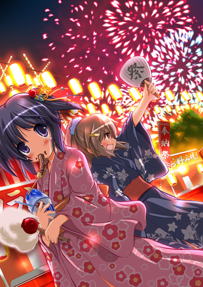 kawai kei (artist), 2girls, aerial fireworks, festival, fireworks, japanese clothes, multiple girls