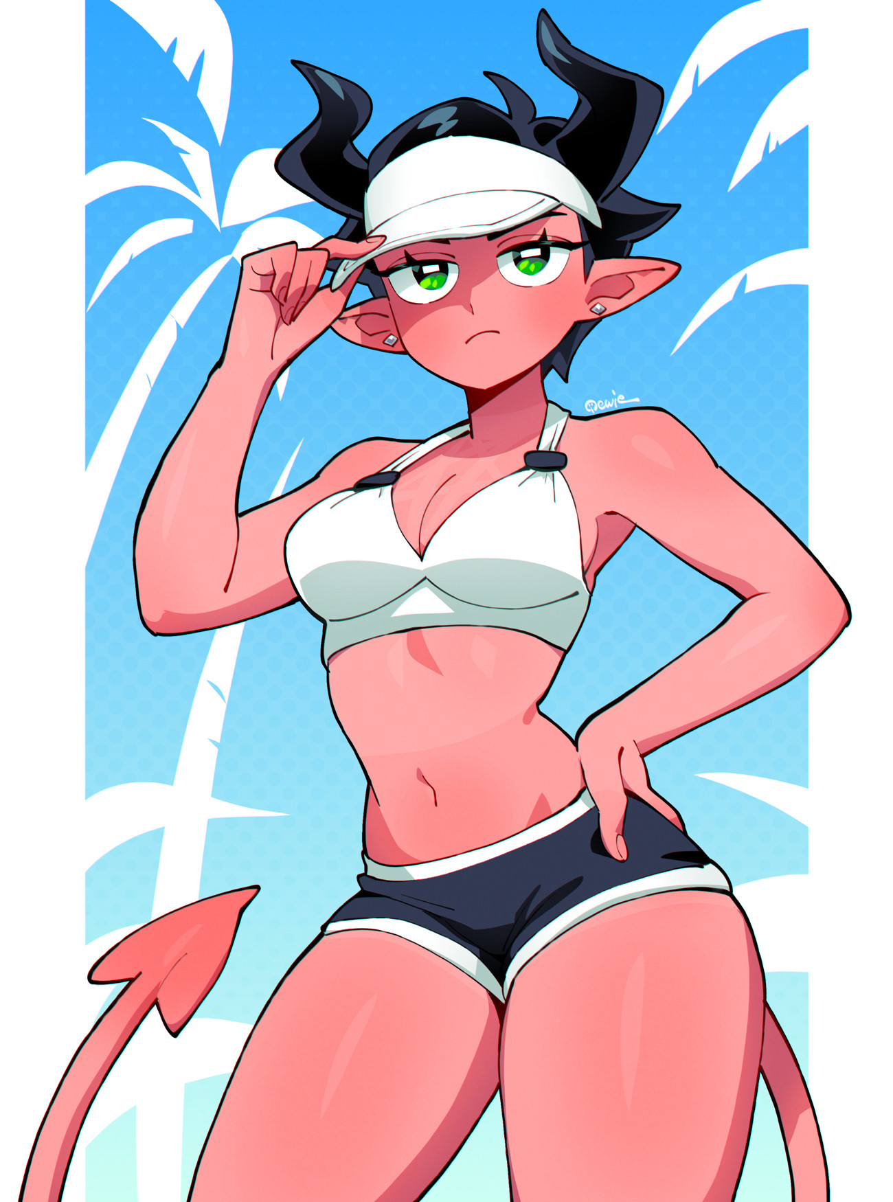 333 (dqqqdle), original, highres, 1girl, bare arms, black shorts, blue background, breasts, cleavage, closed mouth, colored skin, cowboy shot, demon girl, demon horns, demon tail, earrings, green eyes, hat, horns, jewelry, large breasts, navel, pointy ears, red skin, shiny skin, shorts, solo, stomach, tail, white background, white hat, white shorts