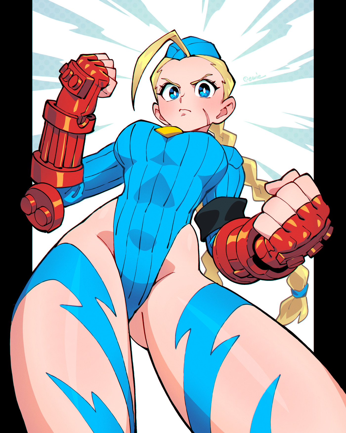 333 (dqqqdle), cammy white, street fighter, street fighter zero (series), highres, 1girl, black border, blonde hair, blue hat, blue leotard, border, braid, breasts, cowboy shot, gauntlets, hat, large breasts, leg tattoo, leotard, long hair, looking at viewer, scar, scar on face, solo, tattoo, twin braids, white background