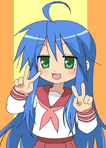 umishima senbon, izumi konata, lucky star, bad id, bad pixiv id, lowres, 00s, 1girl, ahoge, double v, female focus, mole, mole under eye, school uniform, serafuku, solo, v