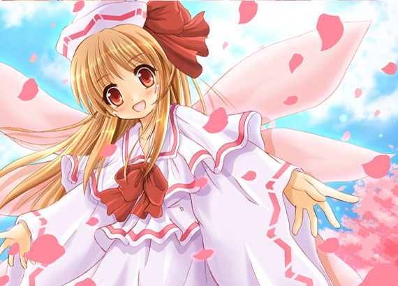 kawai kei (artist), lily white, touhou, 1girl, blue sky, bow, bowtie, capelet, cherry blossoms, cloud, day, dress, fairy, fairy wings, female focus, frills, hat, long sleeves, looking at viewer, outstretched arms, petals, red bow, red bowtie, sky, solo, tate eboshi, white dress, wings