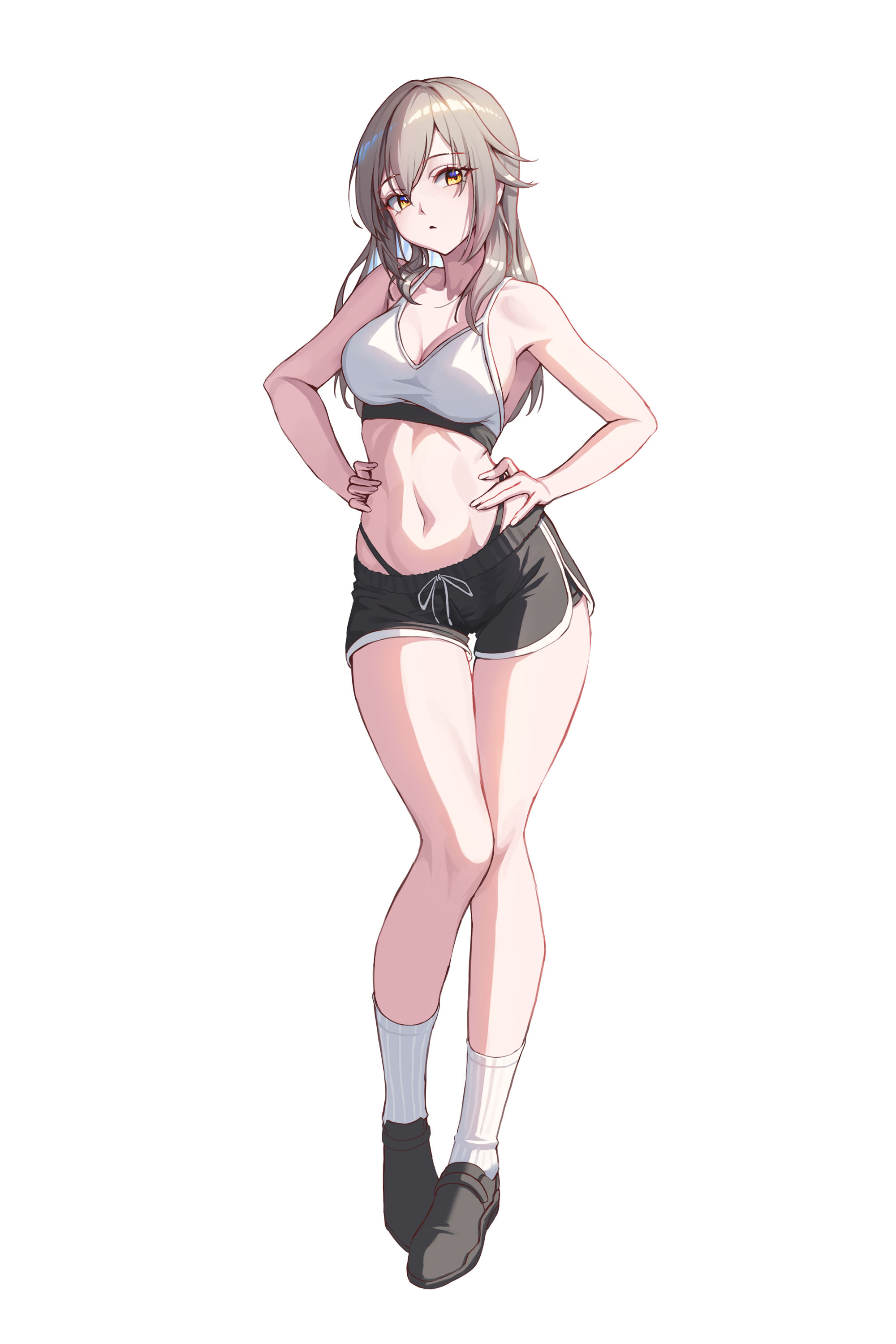 bowlp, stelle (honkai: star rail), trailblazer (honkai: star rail), honkai: star rail, honkai (series), absurdres, highres, 1girl, armpits, black shoes, bloom, breasts, brown eyes, cleavage, full body, grey hair, gym shorts, hands on own hips, large breasts, long hair, looking at viewer, open mouth, shadow, shoes, shorts, simple background, socks, solo, sports bra, white background, white socks, white sports bra