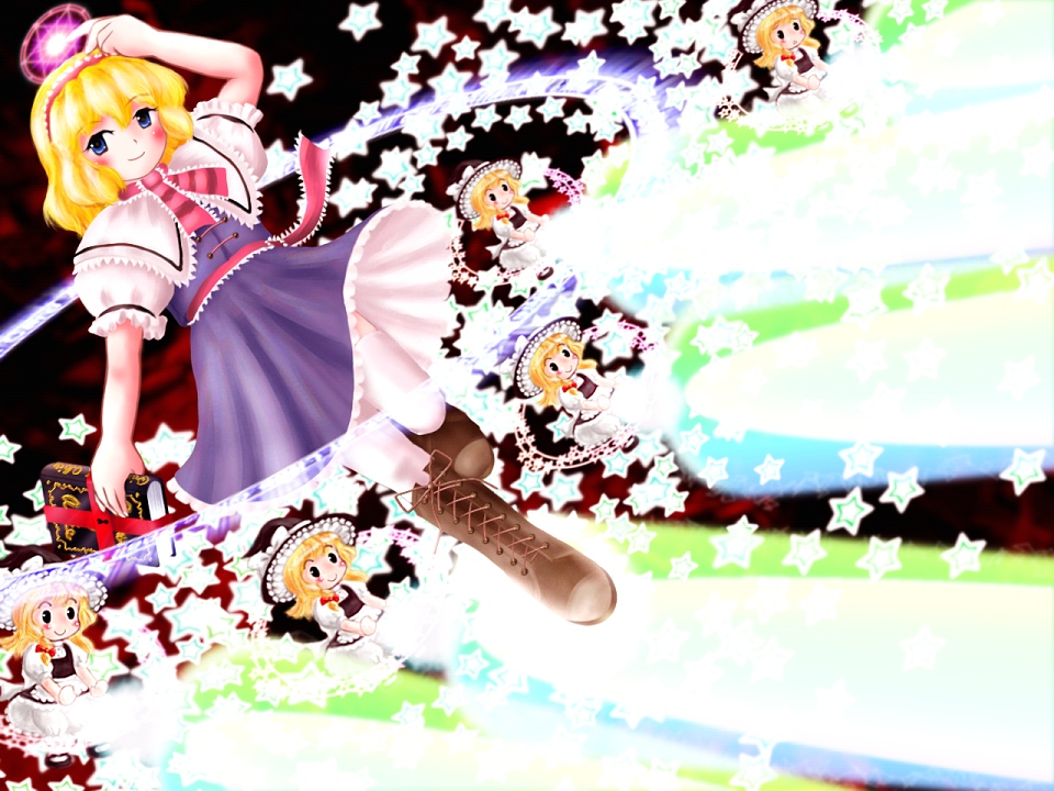 asayuba, alice margatroid, kirisame marisa, touhou, 1girl, character doll, danmaku, doll, dress, female focus, hat, magic circle, solo