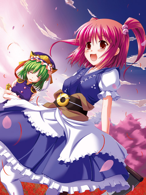 maroppe, onozuka komachi, shiki eiki, touhou, 2girls, female focus, flower, multiple girls, red flower, rod of remorse, spider lily