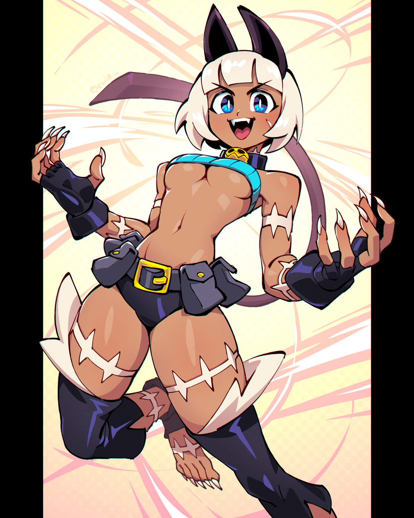 333 (dqqqdle), ms. fortune (skullgirls), skullgirls, highres, 1girl, animal ears, belt, belt pouch, blue eyes, bob cut, breasts, cat ears, cat girl, cat tail, choker, crop top, dark-skinned female, dark skin, fangs, fingerless gloves, gloves, medium breasts, midriff, navel, open mouth, pouch, scar, sharp toenails, short hair, solo, tail, toenails, underboob, white hair