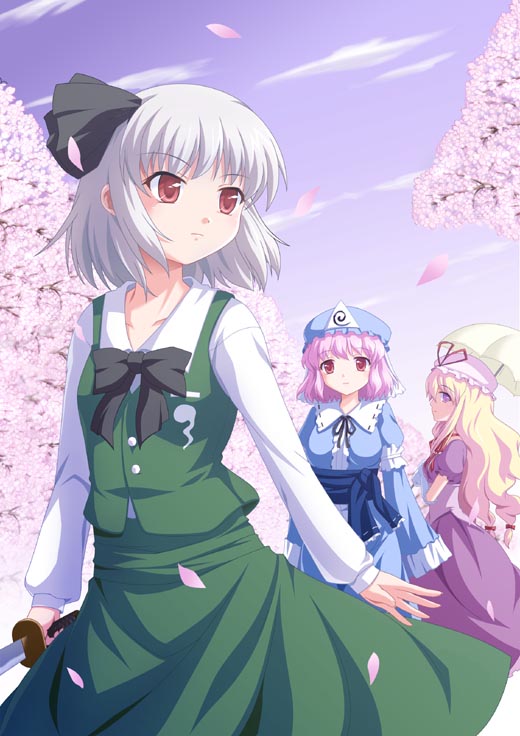 maroppe, konpaku youmu, saigyouji yuyuko, yakumo yukari, touhou, silver hair, 3girls, blonde hair, cherry blossoms, dress, female focus, from side, green skirt, hat, hat ribbon, japanese clothes, kimono, long hair, long sleeves, mob cap, multiple girls, obi, outdoors, parasol, petals, pink hair, puffy short sleeves, puffy sleeves, purple dress, purple eyes, red eyes, ribbon, sash, short hair, short sleeves, skirt, skirt set, sleeves past wrists, sword, triangular headpiece, umbrella, vest, weapon