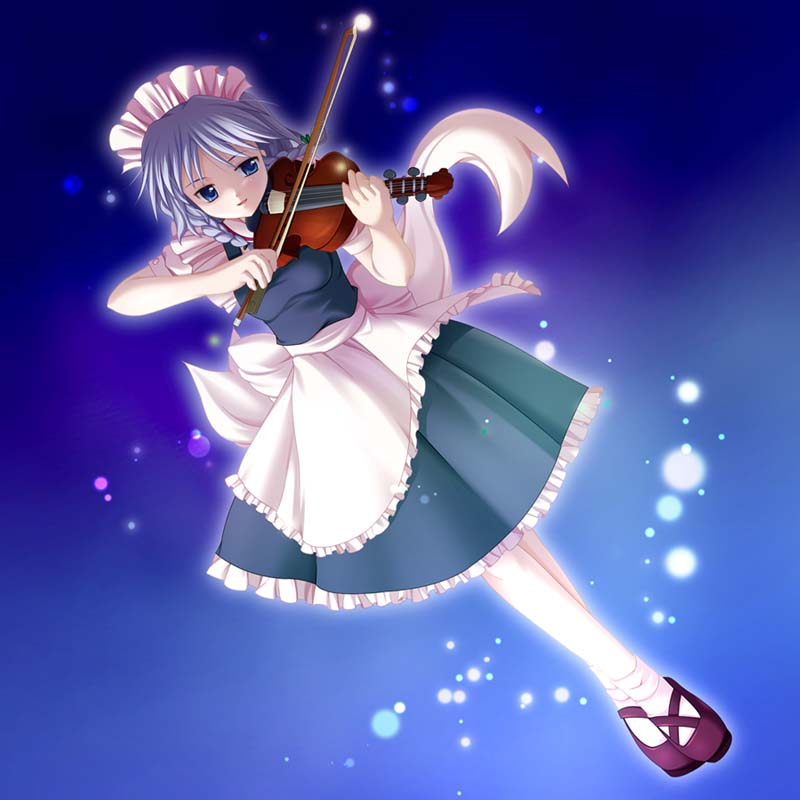 maroppe, izayoi sakuya, touhou, silver hair, 1girl, braid, female focus, instrument, purple shoes, shoes, short hair, solo, twin braids, violin