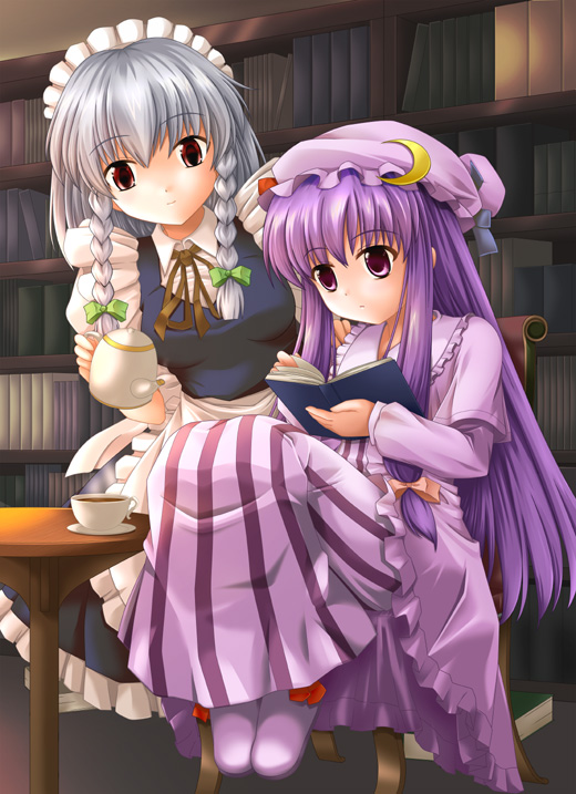 maroppe, izayoi sakuya, patchouli knowledge, embodiment of scarlet devil, touhou, 2girls, book, female focus, library, multiple girls, tea, voile