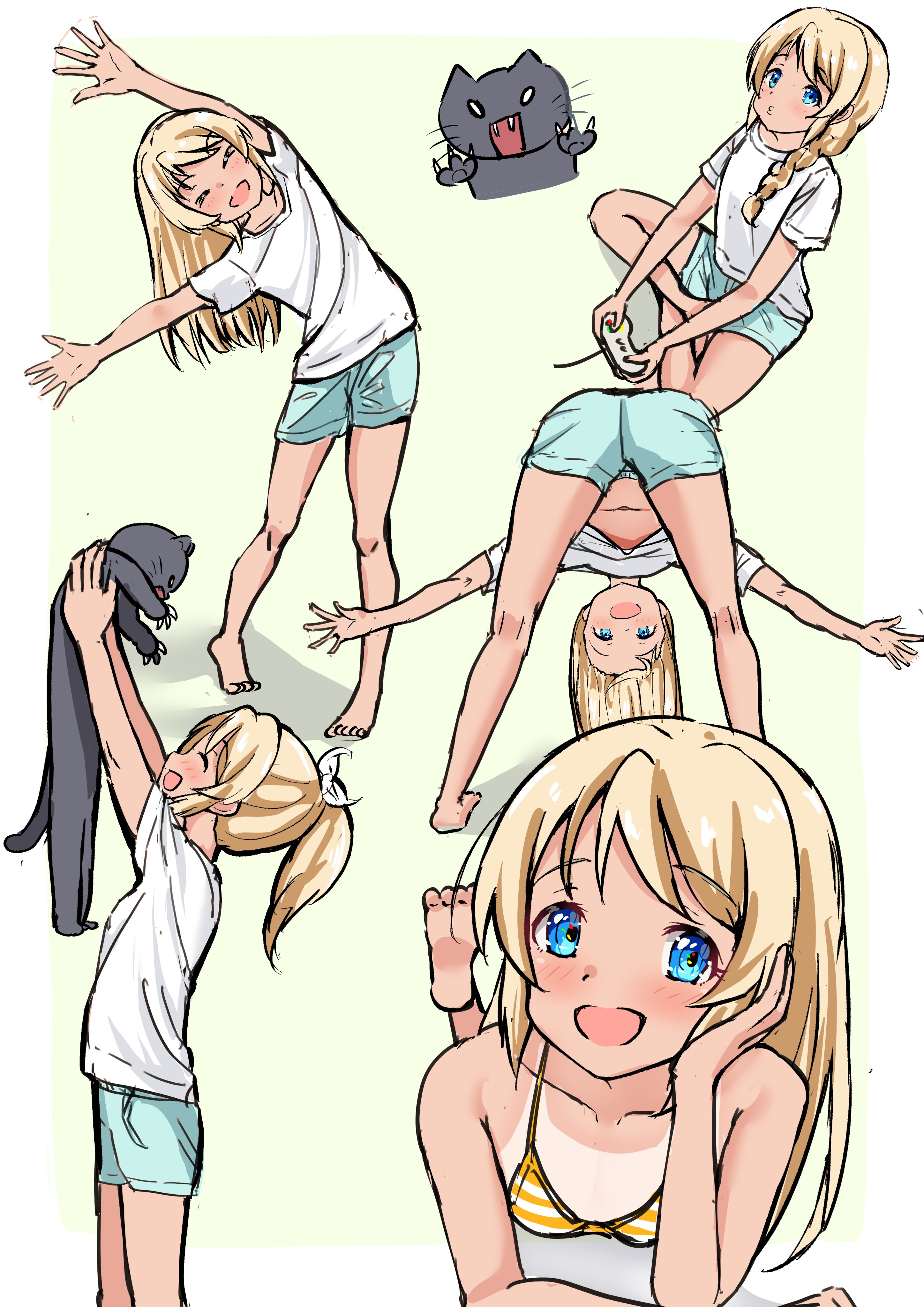 choudai-sama, original, absurdres, highres, 1girl, animal, barefoot, bikini, black cat, blonde hair, blue eyes, blush, border, braid, cat, closed eyes, controller, dot nose, game controller, green background, green shorts, holding, holding animal, holding cat, holding controller, indian style, long hair, looking at viewer, lying, multiple views, navel, navel peek, on stomach, open mouth, outside border, outstretched arms, ponytail, shirt, shorts, sidelocks, simple background, single braid, sitting, smile, solo, striped bikini, striped clothes, swimsuit, thighs, top-down bottom-up, white bikini, white border, white shirt