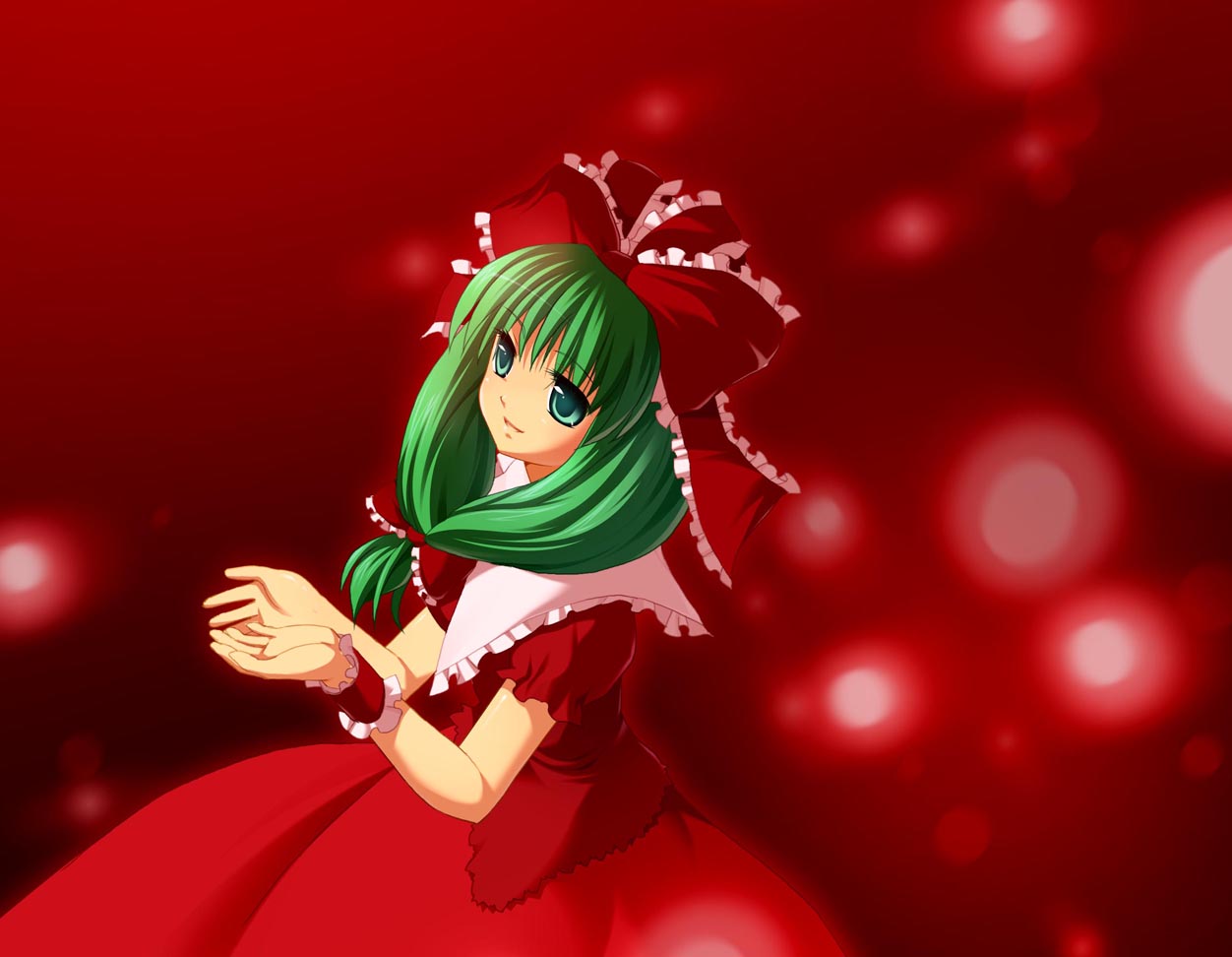 maroppe, kagiyama hina, touhou, eyebrows, 1girl, female focus, from above, front ponytail, green eyes, green hair, looking up, matching hair/eyes, red ribbon, red skirt, red theme, ribbon, short sleeves, simple background, skirt, solo, wrist cuffs