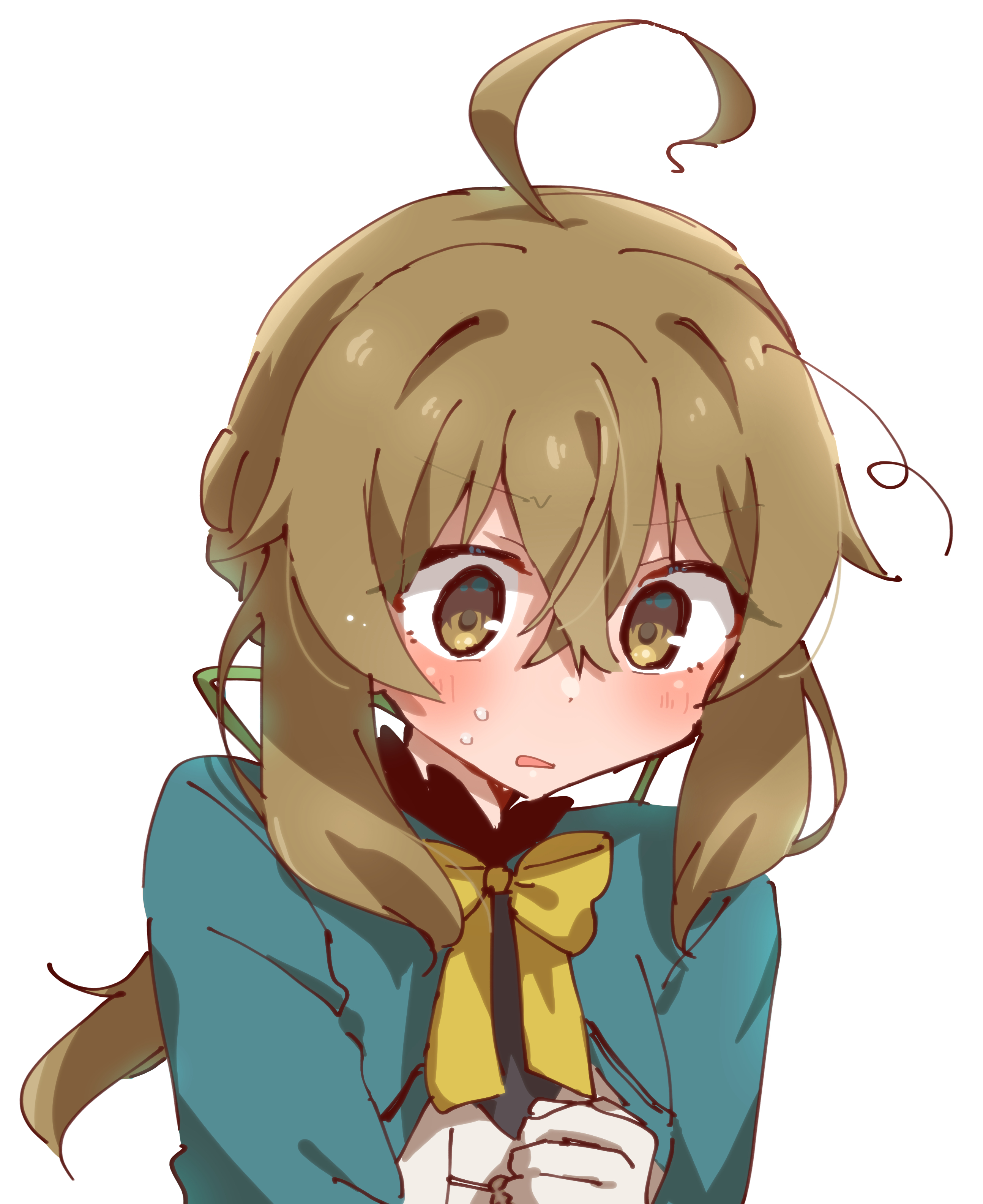 nyaa (nnekoron), monica everett, silent witch, absurdres, highres, 1girl, ahoge, aqua jacket, averting eyes, blush, bow, bowtie, breasts, brown hair, corset, eyebrows hidden by hair, hair between eyes, jacket, long hair, looking down, open mouth, ponytail, simple background, small breasts, solo, sweatdrop, upper body, white background, white corset, yellow bow, yellow bowtie