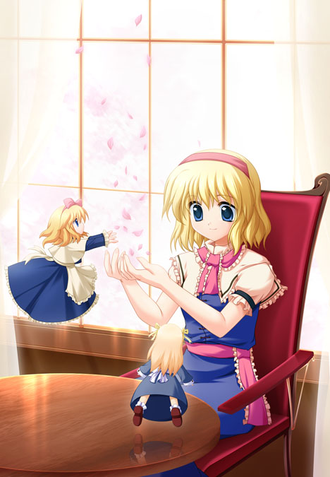 maroppe, alice margatroid, hourai doll, shanghai doll, touhou, 3girls, blonde hair, chair, curtains, doll, female focus, hairband, indoors, multiple girls, ribbon, room, sash, short hair, short sleeves, sitting, table, window