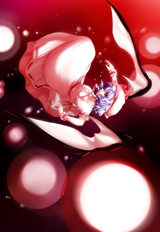 maroppe, remilia scarlet, touhou, 1girl, bat wings, blue hair, female focus, hat, hat ribbon, mob cap, red eyes, ribbon, short hair, solo, wings, wrist cuffs