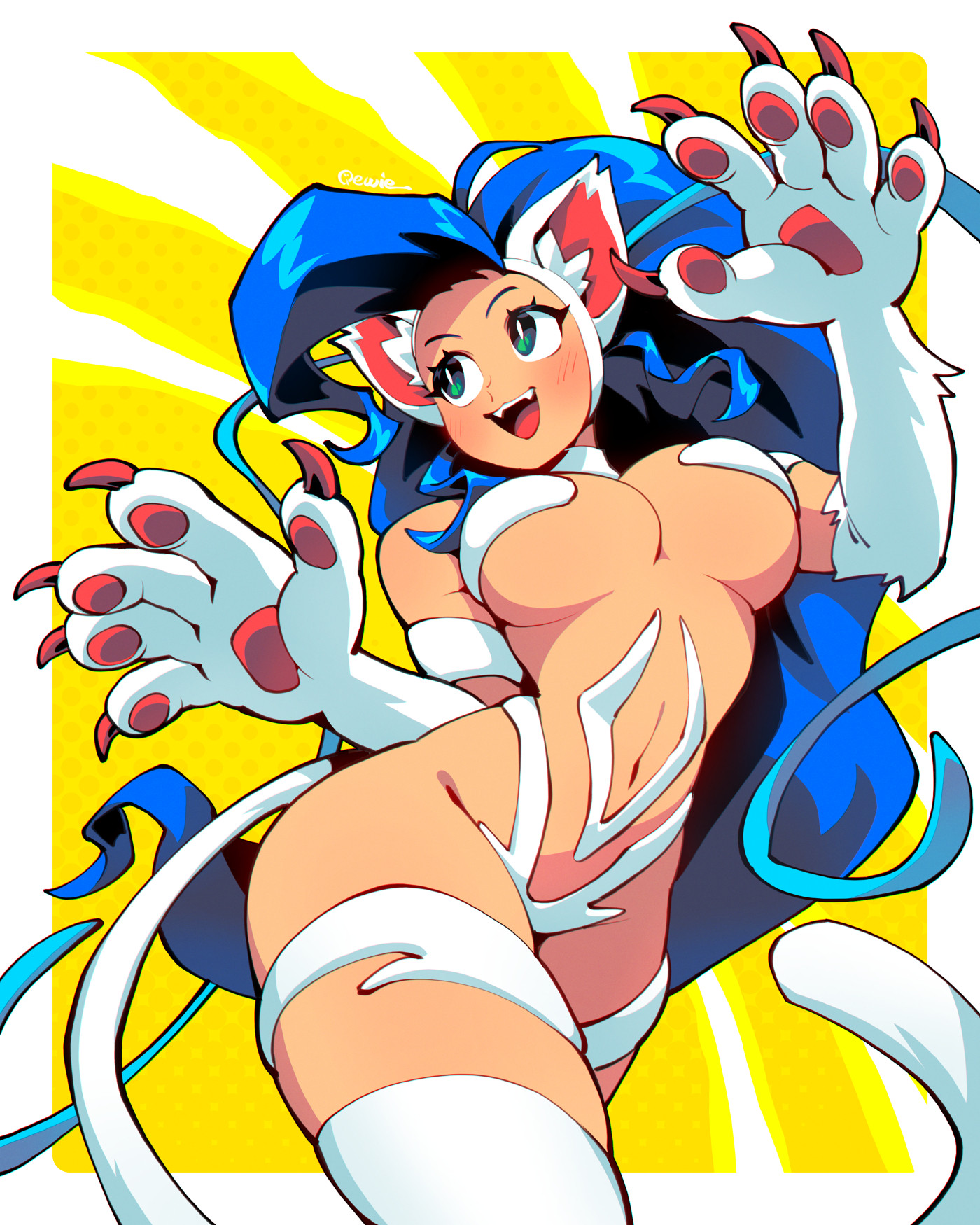 333 (dqqqdle), felicia (darkstalkers), darkstalkers, highres, 1girl, animal ear fluff, animal ears, blue eyes, blue hair, breasts, cat ears, cat girl, claws, cowboy shot, long hair, navel, open mouth, smile, solo, thighhighs, white fur, white thighhighs