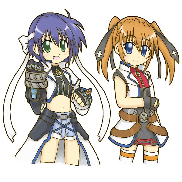 revolver knuckle, subaru nakajima, teana lanster, lyrical nanoha, mahou shoujo lyrical nanoha, mahou shoujo lyrical nanoha strikers, 00s, 2girls, belt, black gloves, blue eyes, blue hair, buckle, clenched hands, fingernails, gauntlets, gloves, green eyes, looking at viewer, multiple girls, navel, orange hair, short hair, shorts, simple background, twintails, waist cape, white background
