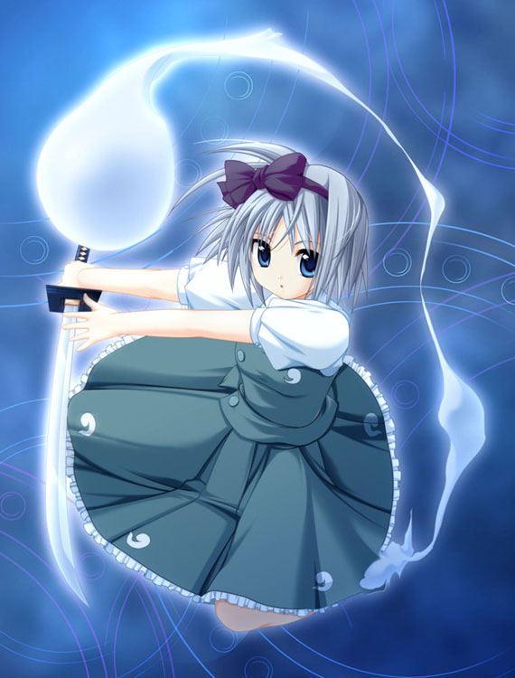maroppe, konpaku youmu, konpaku youmu (ghost), touhou, 1girl, aqua vest, female focus, hitodama, katana, solo, sword, vest, weapon