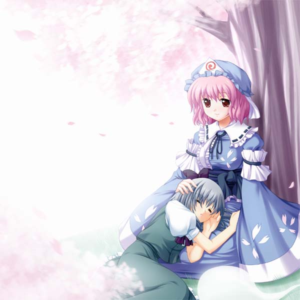 maroppe, konpaku youmu, konpaku youmu (ghost), saigyouji yuyuko, touhou, 2girls, dress, female focus, hat, lap pillow, mob cap, multiple girls, nature, outdoors, plant, sleeping, tree