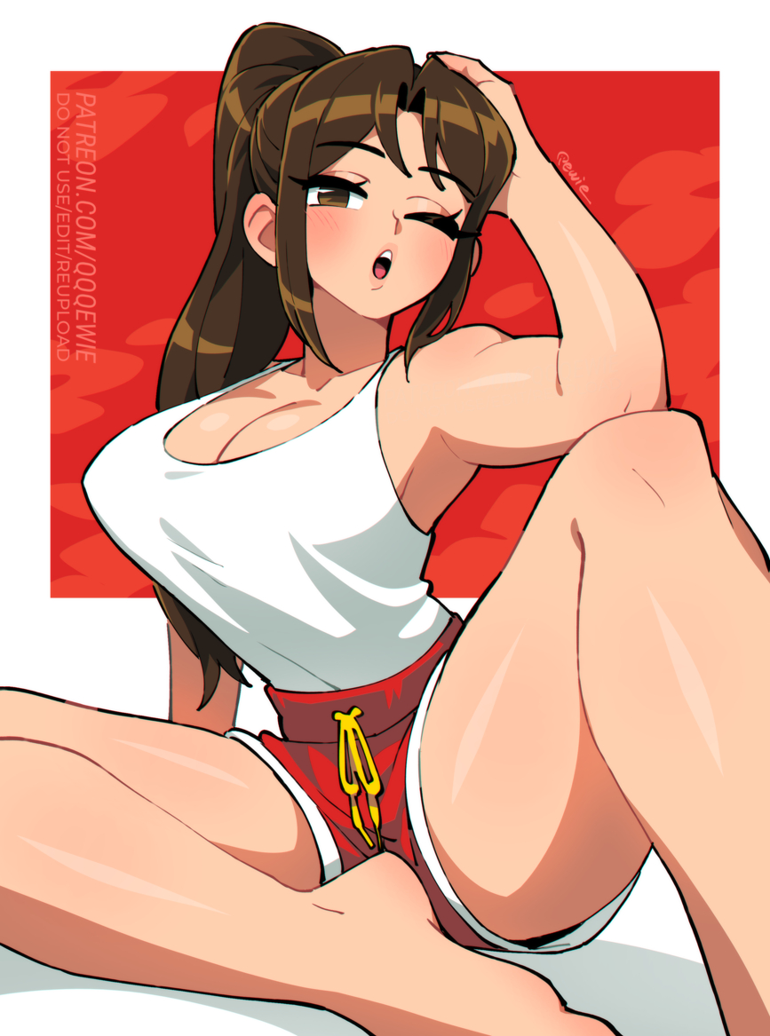 333 (dqqqdle), shiranui mai, fatal fury, street fighter, street fighter 6, the king of fighters, 1girl, arm support, artist name, bare arms, bare legs, bare shoulders, barefoot, blush, breasts, brown eyes, brown hair, casual, cleavage, dolphin shorts, english text, foot out of frame, hand on own head, high ponytail, knee up, large breasts, legs, long hair, looking at viewer, official alternate costume, one eye closed, open mouth, patreon username, ponytail, red shorts, shorts, sidelocks, sitting, solo, tank top, watermark, web address, white tank top
