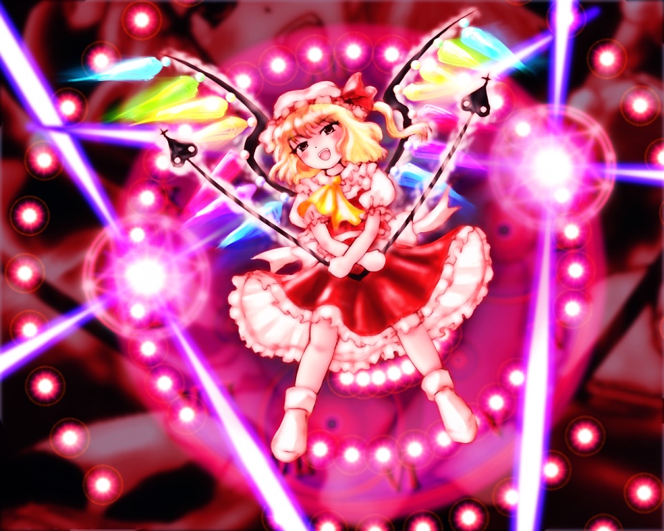 asayuba, flandre scarlet, touhou, 1girl, ascot, blonde hair, bloomers, danmaku, fang, female focus, hat, laevatein, side ponytail, socks, solo, underwear, wings