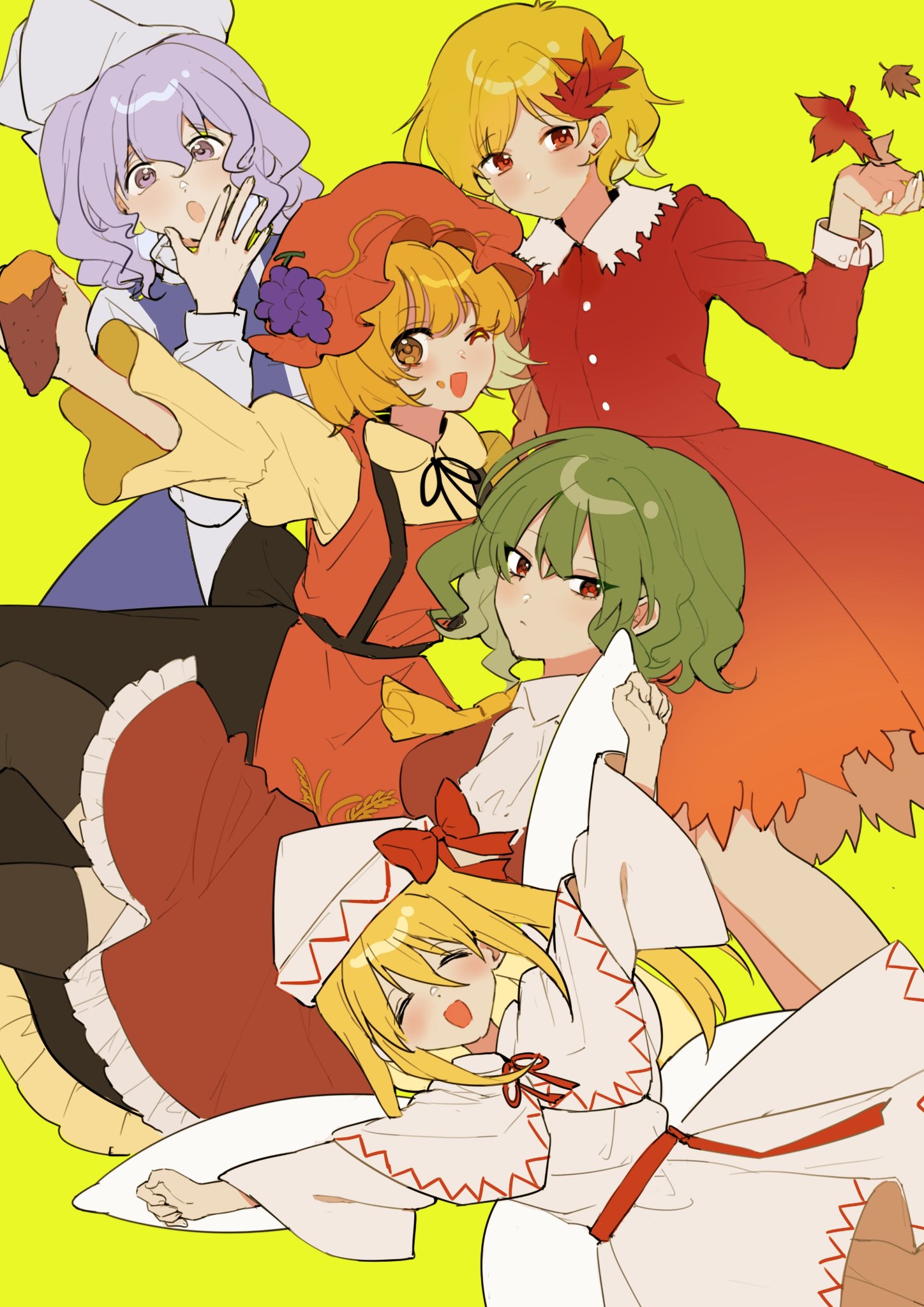 iwakoo, aki minoriko, aki shizuha, kazami yuuka, letty whiterock, lily white, touhou, highres, 5girls, apron, blonde hair, dress, green background, green hair, hat, leaf, long hair, maple leaf, multiple girls, purple eyes, purple hair, red apron, red eyes, red hat, red skirt, short hair, skirt, white dress, white hat