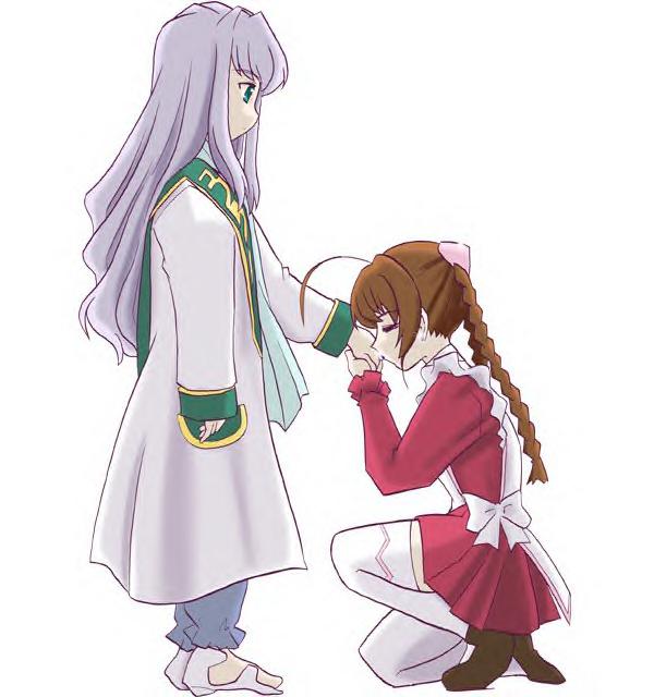 arika yumemiya, mashiro blan de windbloom, my-otome, gender request, 00s, androgynous, garderobe uniform, kiss, on one knee, standing, thighhighs, trap