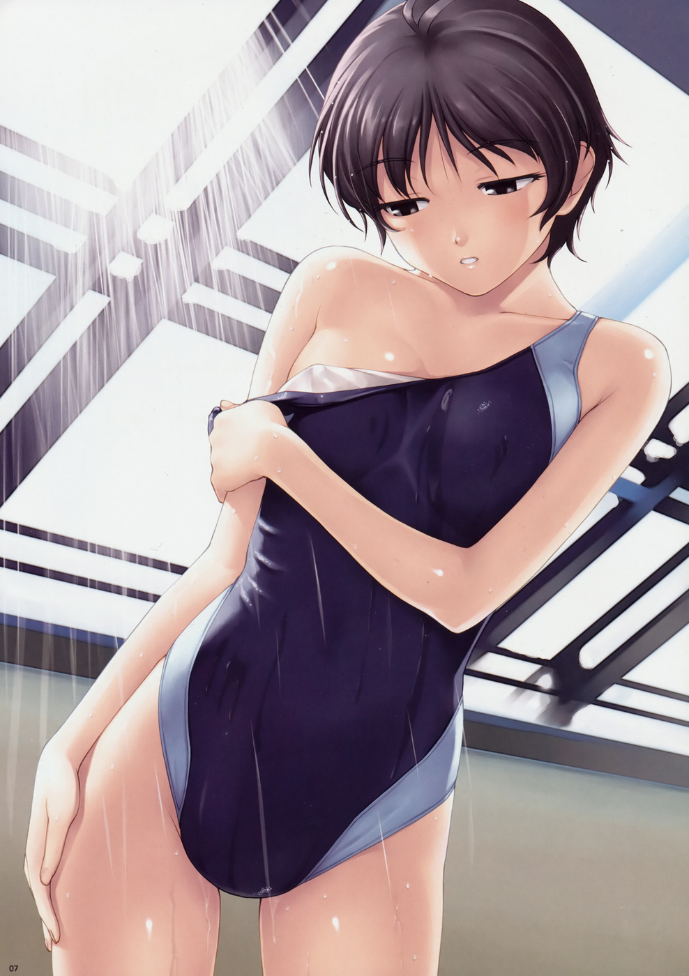 tanaka shoutarou, kikuchi makoto, idolmaster, idolmaster (classic), idolmaster 1, highres, 00s, 1girl, black hair, brown eyes, competition swimsuit, female focus, one-piece swimsuit, rei no pool, short hair, showering, solo, swimsuit, undressing, wet