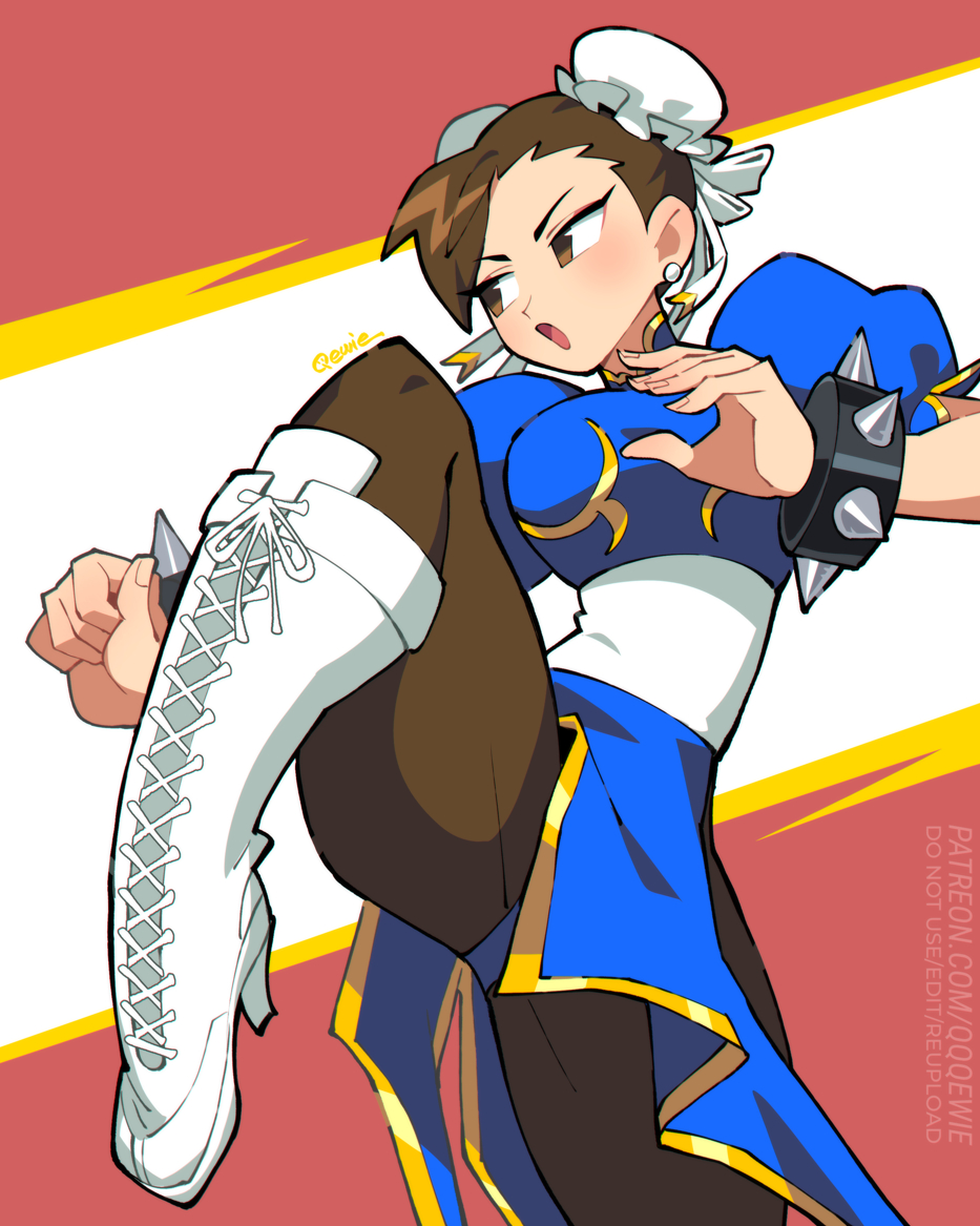 333 (dqqqdle), chun-li, capcom, street fighter, 1girl, :o, artist name, boots, bracelet, brown eyes, brown hair, bun cover, china dress, chinese clothes, double bun, dress, earrings, english text, fighting stance, hair bun, jewelry, lace-up boots, open mouth, pantyhose, patreon username, pelvic curtain, sash, short hair, solo, spiked bracelet, spikes, thick thighs, thighs, watermark, web address, white boots