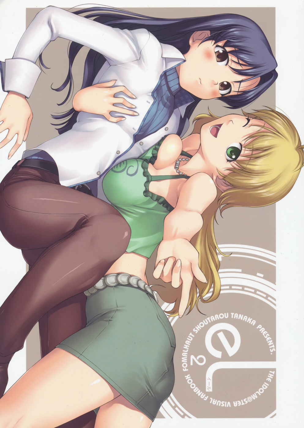 tanaka shoutarou, hoshii miki, kisaragi chihaya, idolmaster, idolmaster (classic), idolmaster 1, highres, 00s, 2girls, blonde hair, blue hair, breast press, breasts, brown eyes, cleavage, green eyes, hug, long hair, lying, miniskirt, multiple girls, one eye closed, pencil skirt, skirt, smile, wink, yuri