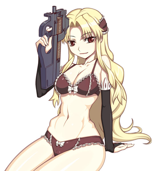 caryo, nanashino, january (coyote ragtime show), coyote ragtime show, 00s, 1girl, bra, breasts, bullpup, cleavage, female focus, gun, horizontal magazine, lingerie, narrow waist, p90, panties, personal defense weapon, see-through clothes, solo, submachine gun, translucent, underwear, underwear only, weapon