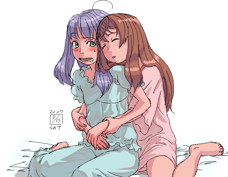 ikeda (cpt), arika yumemiya, mashiro blan de windbloom, my-otome, 00s, 2girls, alternate hairstyle, androgynous, bed, blush, brown hair, closed eyes, green eyes, hug, kneeling, lingerie, long hair, multiple girls, nightgown, oekaki, pajamas, purple hair, sleeping, underwear