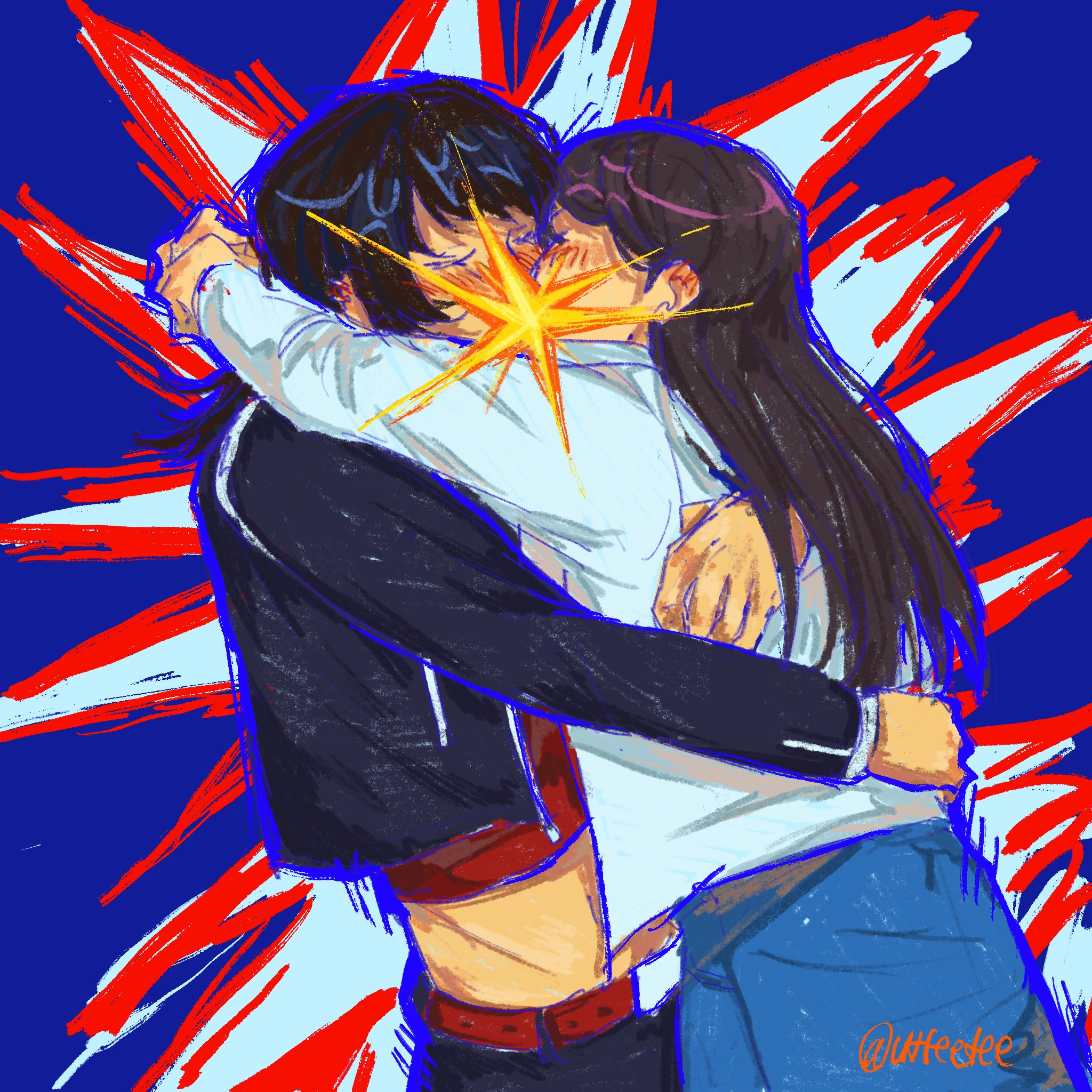 vtteetee, shiina taki, yahata umiri, bang dream!, bang dream! it's mygo!!!!!, commentary, english commentary, highres, 2girls, belt, black hair, black jacket, brown hair, closed eyes, couple, hug, jacket, long hair, medium hair, midriff, multiple girls, red belt, red shirt, shirt, white jacket, yuri