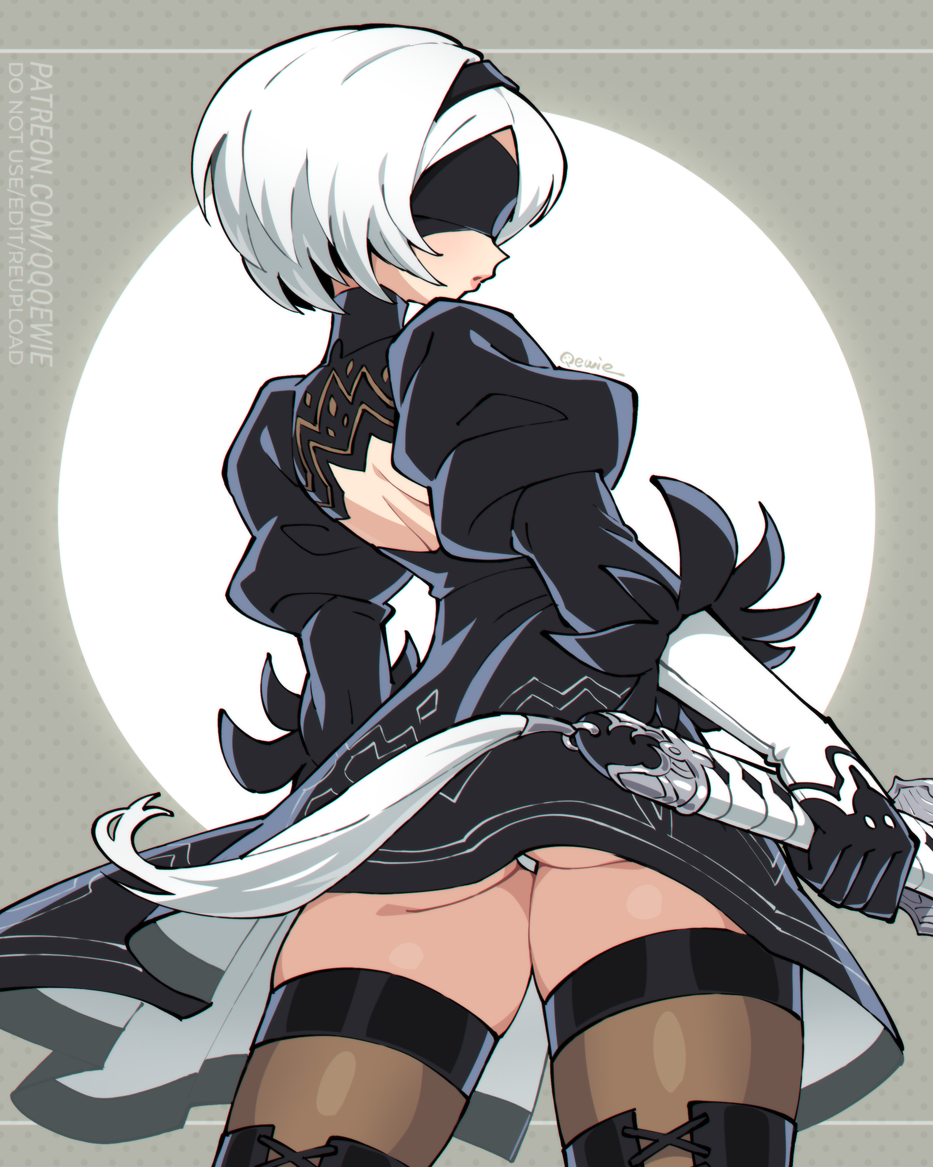 333 (dqqqdle), 2b (nier:automata), nier:automata, nier (series), 1girl, ass, back cutout, black dress, black hairband, black thighhighs, blindfold, clothing cutout, covered eyes, cowboy shot, dress, feather-trimmed sleeves, from behind, grey background, hairband, holding, holding sword, holding weapon, juliet sleeves, katana, long sleeves, panties, pantyshot, patreon username, profile, puffy sleeves, short hair, solo, standing, sword, thighhighs, turning head, twitter username, two-tone background, underbutt, underwear, virtuous contract, watermark, weapon, web address, white background, white hair, white panties