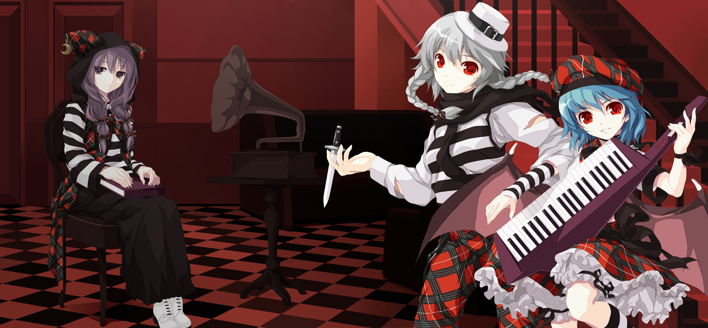 shirota dai, izayoi sakuya, patchouli knowledge, remilia scarlet, touhou, silver hair, bad id, bad pixiv id, 3girls, alternate costume, blue hair, book, braid, female focus, grin, hat, indoors, instrument, keytar, knife, multiple girls, phonograph, plaid clothes, plaid skirt, punk, purple eyes, purple hair, red eyes, short hair, sitting, skirt, smile, throwing knife, torn clothes, twin braids, weapon
