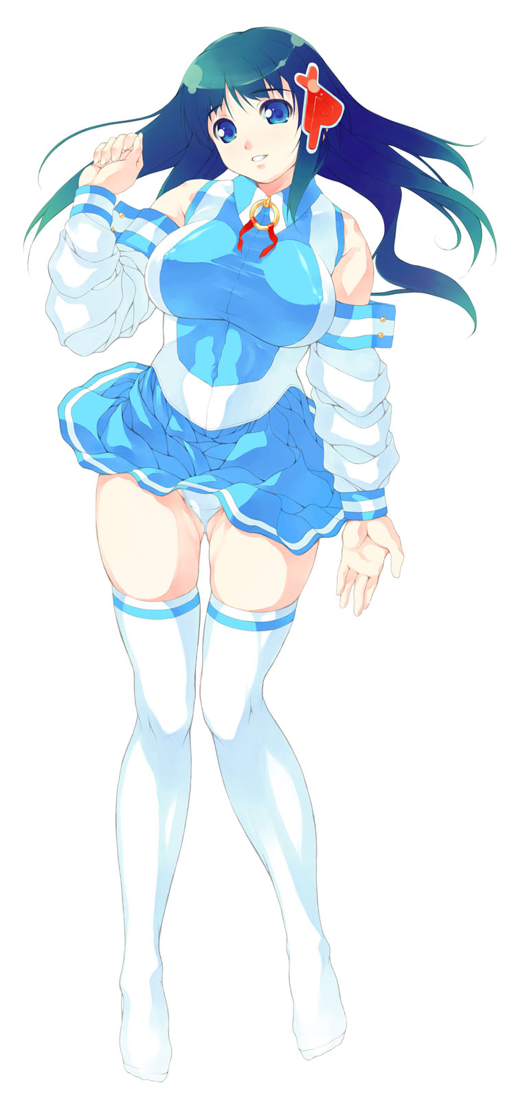 shirota dai, xp-tan, os-tan, highres, long image, tall image, 1girl, blue skirt, breasts, covered erect nipples, curvy, female focus, large breasts, panties, skirt, solo, thighhighs, underwear