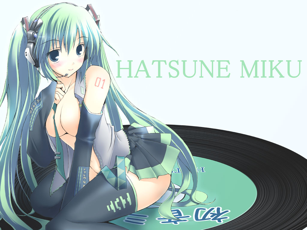 gisyo, hatsune miku, vocaloid, striped, 1girl, blush, boots, breasts, cleavage, clothes lift, detached sleeves, female focus, green eyes, green hair, large breasts, long hair, matching hair/eyes, open clothes, open shirt, shirt, skirt, skirt lift, solo, thigh boots, thighhighs, twintails, very long hair