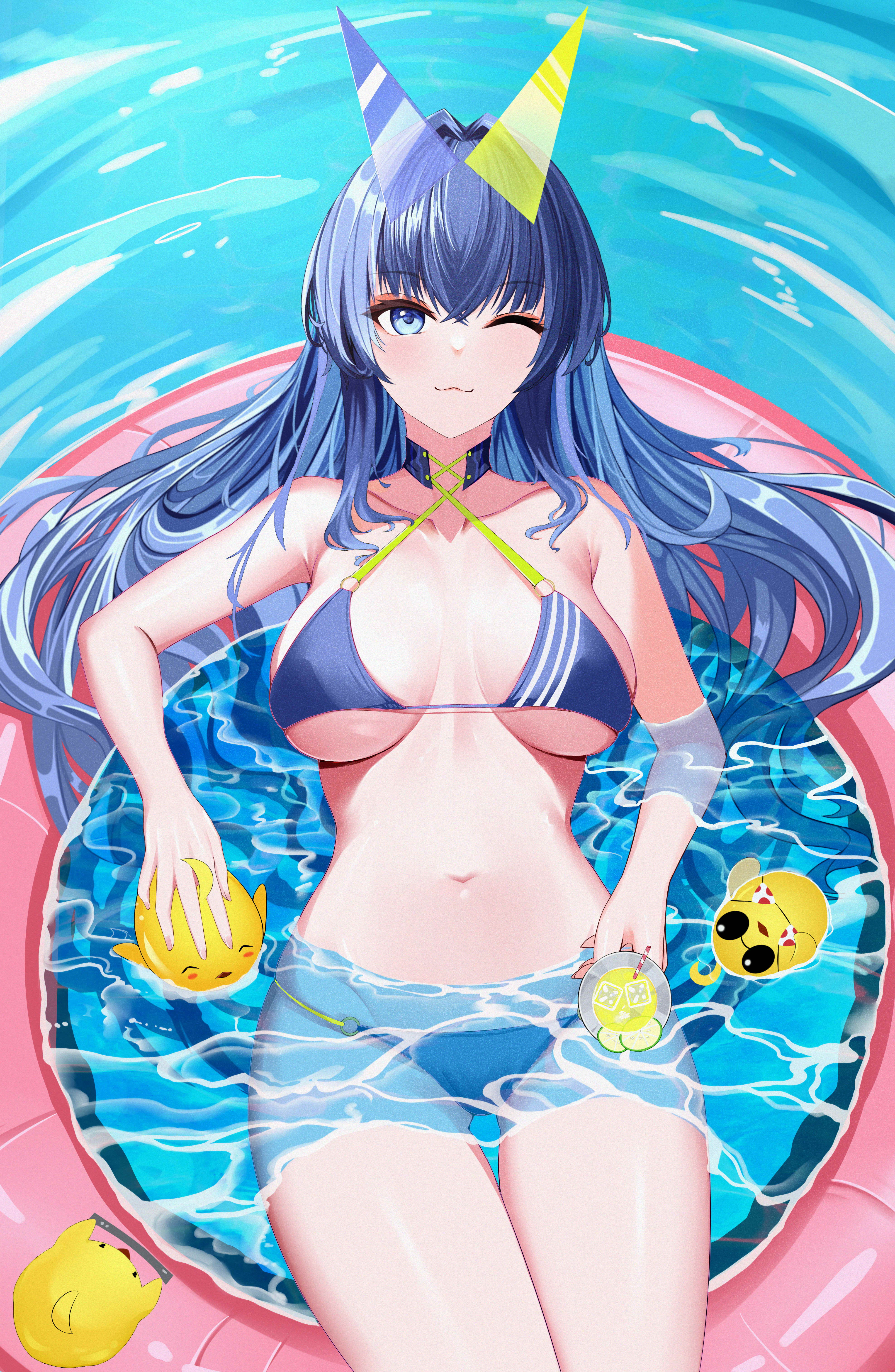52at, manjuu (azur lane), new jersey (azur lane), new jersey (midsummer leisure) (azur lane), azur lane, absurdres, commentary, highres, symbol-only commentary, 1girl, ;3, bare shoulders, bikini, blue-tinted eyewear, blue bikini, blue eyes, blue hair, breasts, collarbone, cowboy shot, eyewear on head, green-tinted eyewear, heterochromatic eyewear, long hair, looking at viewer, medium breasts, navel, o-ring, o-ring bikini, official alternate costume, on innertube, one eye closed, pink innertube, solo, sunglasses, swimsuit, tinted eyewear, triangular eyewear, very long hair, water