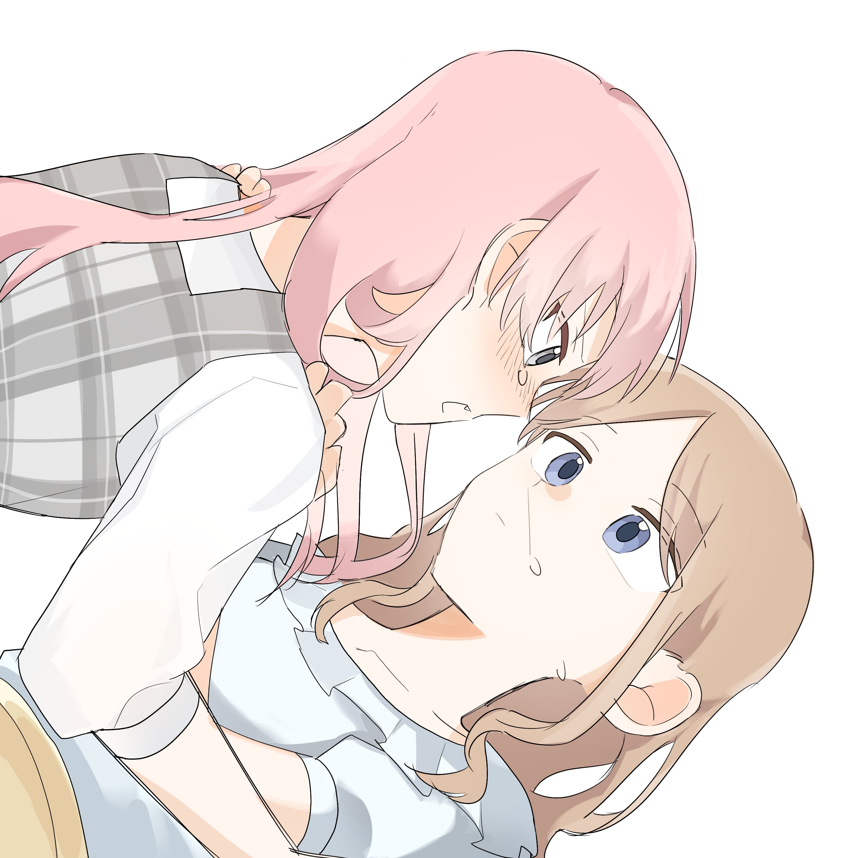 kudo 404nf, chihaya anon, nagasaki soyo, bang dream!, bang dream! it's mygo!!!!!, absurdres, commentary request, highres, korean commentary, 2girls, blue eyes, blush, brown hair, crying, crying with eyes open, fang, grey eyes, long hair, multiple girls, open mouth, pink hair, shirt, short sleeves, simple background, tears, three-quarter sleeves, white background, white shirt
